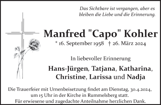 Traueranzeige von Manfred Kohler von Der Bote