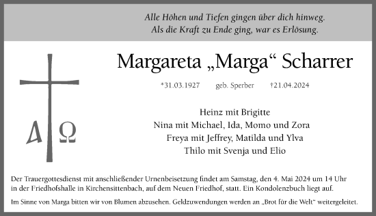 Traueranzeige von Margareta Scharrer von Hersbrucker Zeitung Lokal