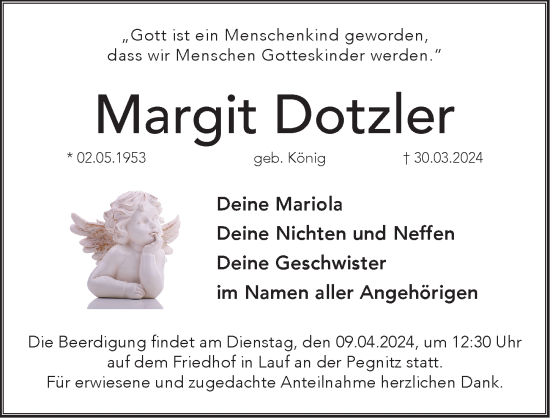 Traueranzeige von Margit Dotzler von Pegnitz-Zeitung