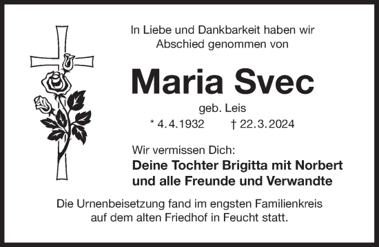 Traueranzeige von Maria Svec von Der Bote