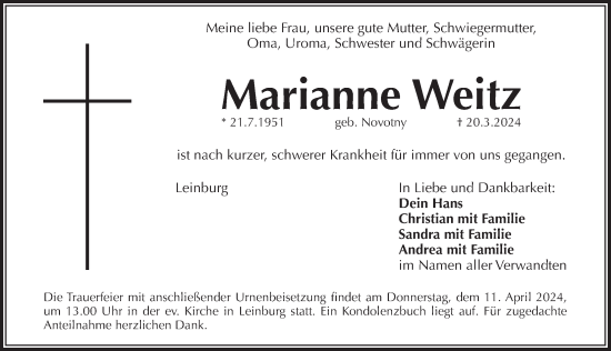 Traueranzeige von Marianne Weitz von Pegnitz-Zeitung