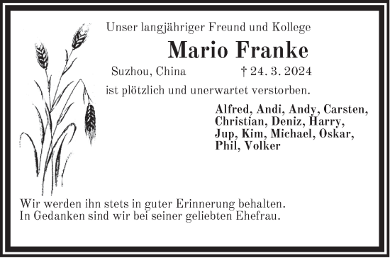 Traueranzeige von Mario Franke von Der Bote