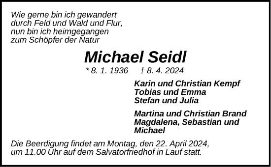 Traueranzeige von Michael Seidl von Pegnitz-Zeitung