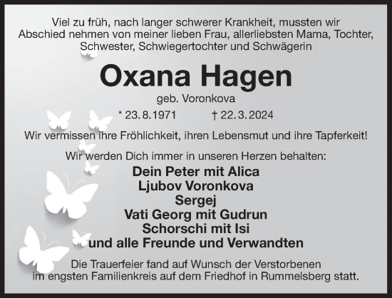 Traueranzeige von Oxana Hagen von Der Bote