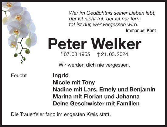 Traueranzeige von Peter Welker von Der Bote