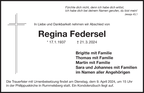 Traueranzeige von Regina Federsel von Der Bote