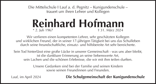 Traueranzeige von Reinhard Hofmann von Pegnitz-Zeitung