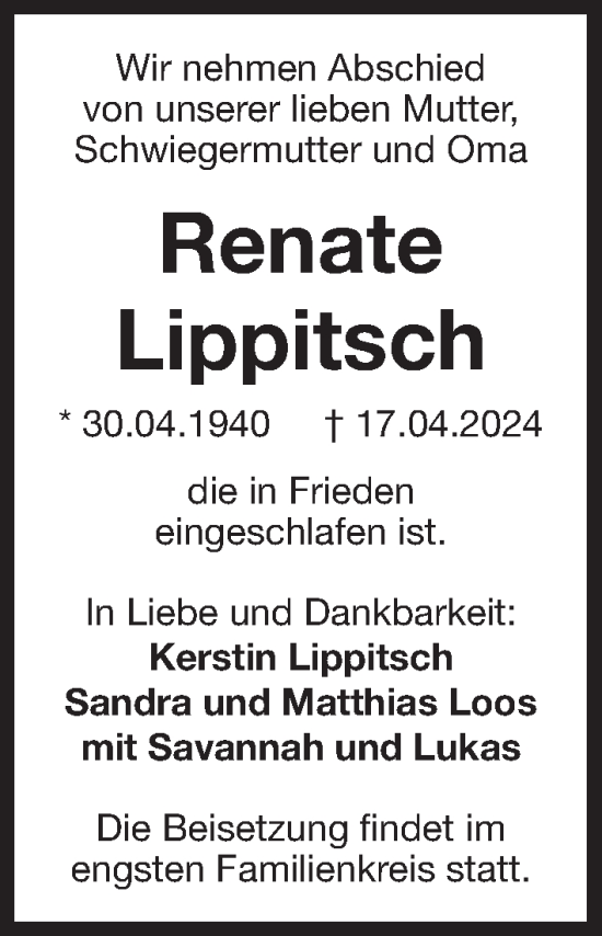 Traueranzeige von Renate Lippitsch von Der Bote