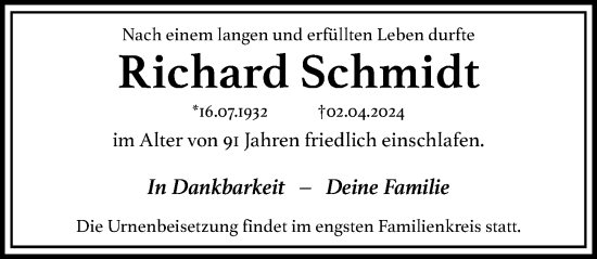 Traueranzeige von Richard Schmidt von Hersbrucker Zeitung Lokal