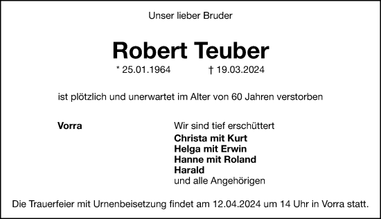 Traueranzeige von Robert Teuber von Hersbrucker Zeitung Lokal