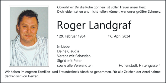 Traueranzeige von Roger Landgraf von Hersbrucker Zeitung Lokal