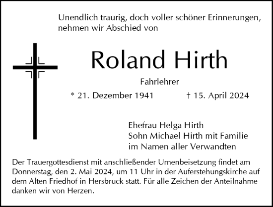 Traueranzeige von Roland Hirth von Hersbrucker Zeitung Lokal