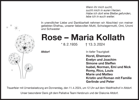 Traueranzeige von Rose-Maria Kollath von Der Bote