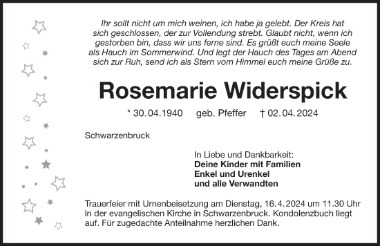 Traueranzeige von Rosemarie Widerspick von Der Bote