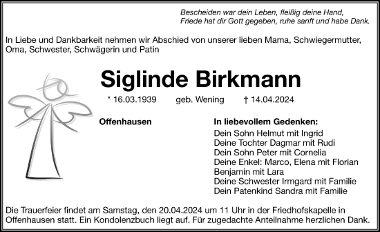 Traueranzeige von Siglinde Birkmann von Hersbrucker Zeitung Lokal