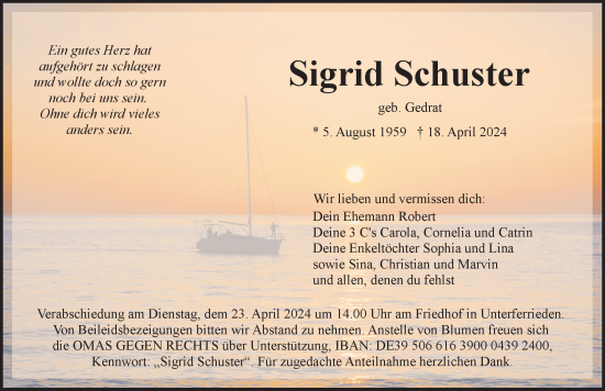 Traueranzeige von Sigrid Schuster von Der Bote