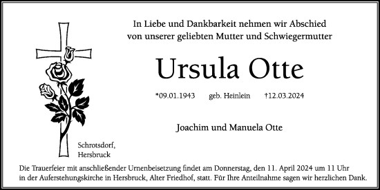 Traueranzeige von Ursula Otte von Hersbrucker Zeitung Lokal