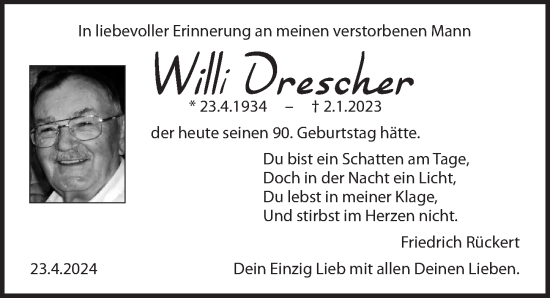 Traueranzeige von Willi Drescher von Pegnitz-Zeitung