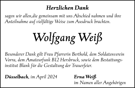 Traueranzeige von Wolfgang Weiß von Hersbrucker Zeitung Lokal