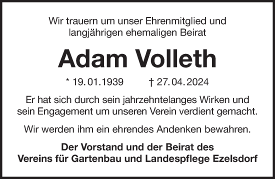 Traueranzeige von Adam Volleth von Der Bote