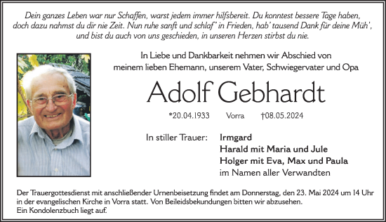 Traueranzeige von Adolf Gebhardt von Hersbrucker Zeitung Lokal