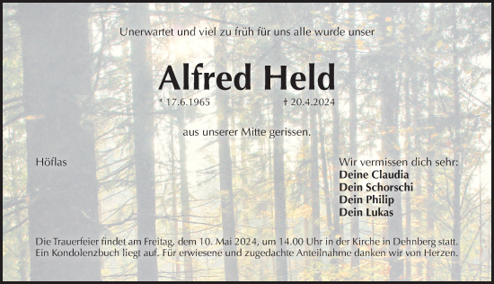 Traueranzeige von Alfred Held von Pegnitz-Zeitung