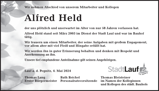 Traueranzeige von Alfred Held von Pegnitz-Zeitung