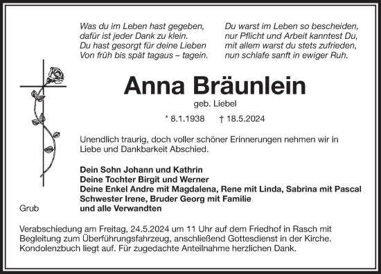 Traueranzeige von Anna Bräunlein von Der Bote