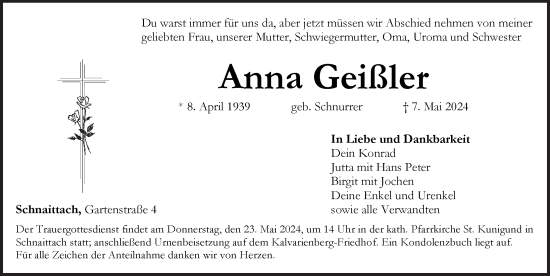 Traueranzeige von Anna Geißler von Pegnitz-Zeitung