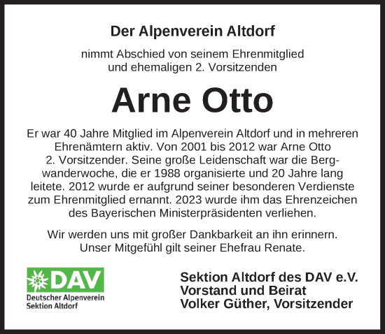 Traueranzeige von Arne Otto von Der Bote