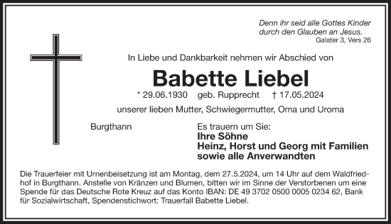 Traueranzeige von Babette Liebel von Der Bote