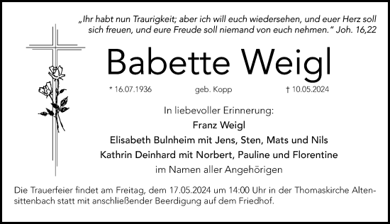 Traueranzeige von Babette Weigl von Hersbrucker Zeitung Lokal