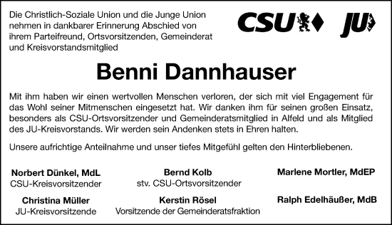 Traueranzeige von Benedikt Dannhauser von Hersbrucker Zeitung Lokal