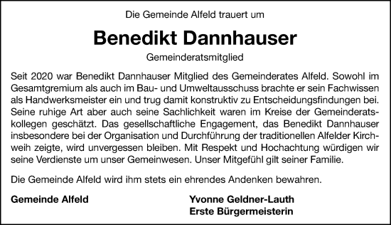 Traueranzeige von Benedikt Dannhauser von Hersbrucker Zeitung Lokal