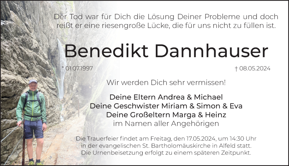  Traueranzeige für Benedikt Dannhauser vom 15.05.2024 aus Hersbrucker Zeitung Lokal