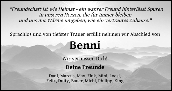 Traueranzeige von Benni  von Hersbrucker Zeitung Lokal
