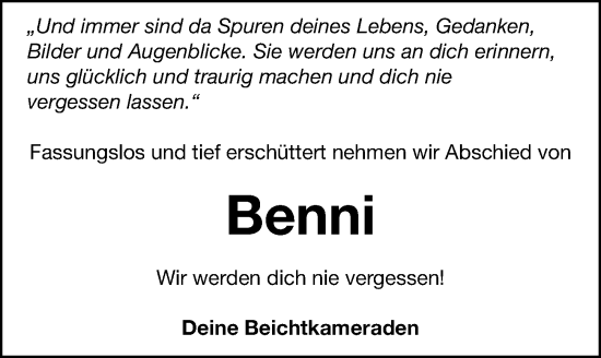 Traueranzeige von Benni  von Hersbrucker Zeitung Lokal
