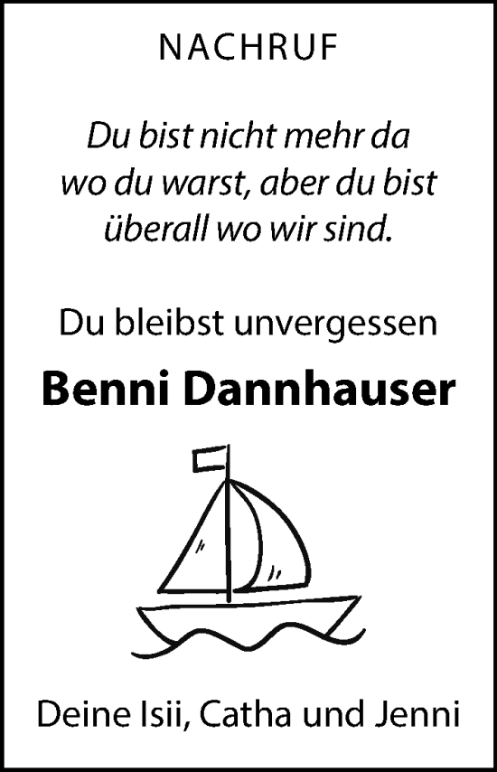 Traueranzeige von Benni Dannhauser von Hersbrucker Zeitung Lokal