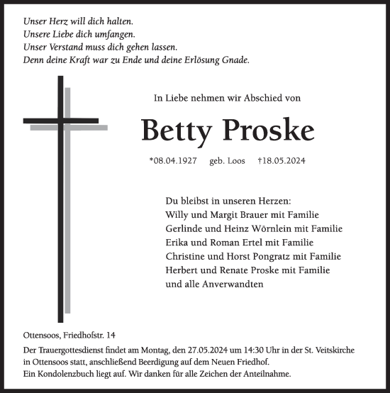Traueranzeige von Betty Proske von Pegnitz-Zeitung
