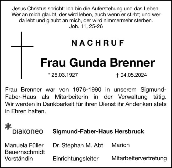 Traueranzeige von Brenner Gunda von Hersbrucker Zeitung Lokal