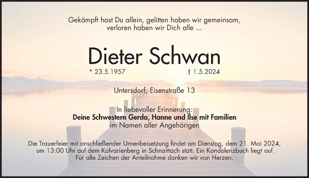  Traueranzeige für Dieter Schwan vom 18.05.2024 aus Pegnitz-Zeitung
