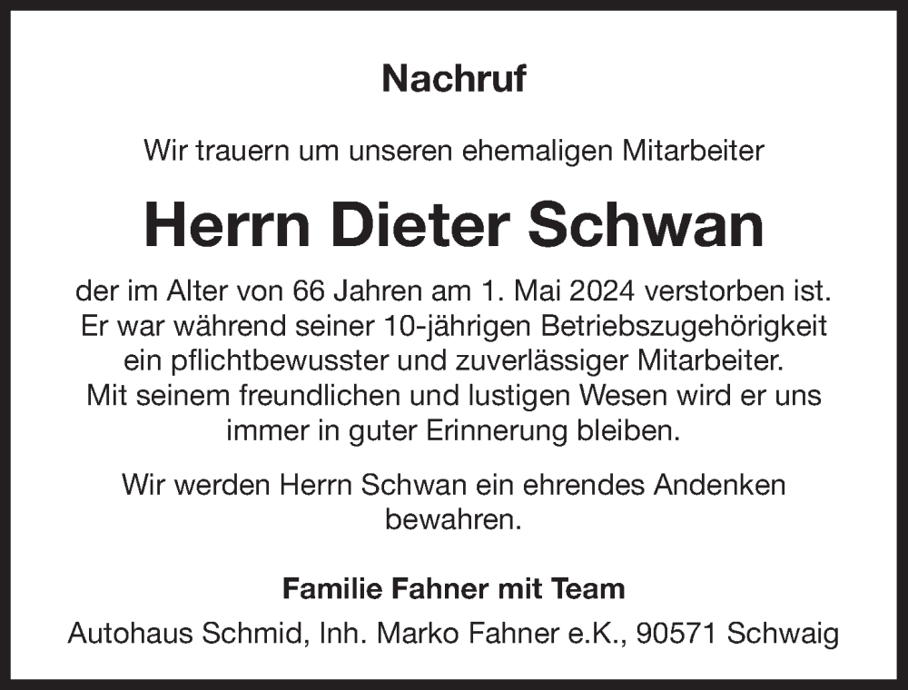  Traueranzeige für Dieter Schwan vom 18.05.2024 aus Pegnitz-Zeitung