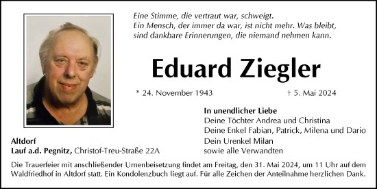 Traueranzeige von Eduard Ziegler von Pegnitz-Zeitung