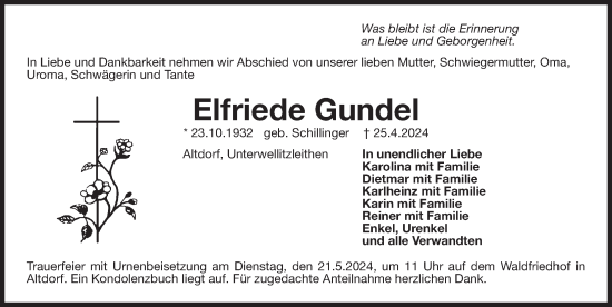 Traueranzeige von Elfriede Gundel von Der Bote