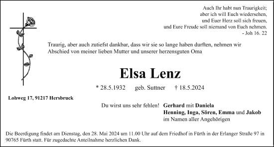 Traueranzeige von Elsa Lenz von Hersbrucker Zeitung Lokal