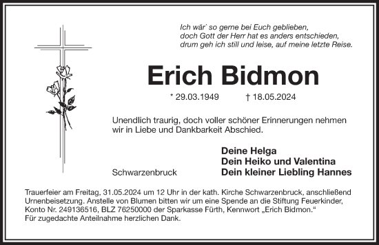 Traueranzeige von Erich Bidmon von Der Bote
