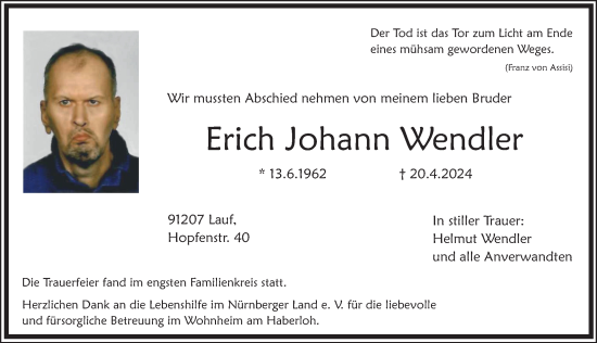 Traueranzeige von Erich Johann Wendler von Pegnitz-Zeitung