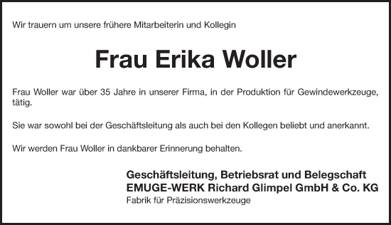 Traueranzeige von Erika Woller von Pegnitz-Zeitung