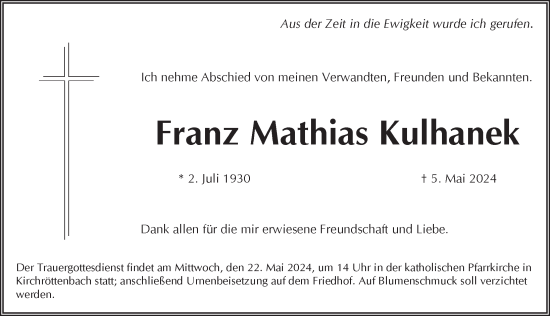 Traueranzeige von Franz Mathias Kulhanek von Pegnitz-Zeitung