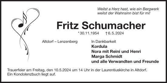 Traueranzeige von Fritz Schumacher von Der Bote